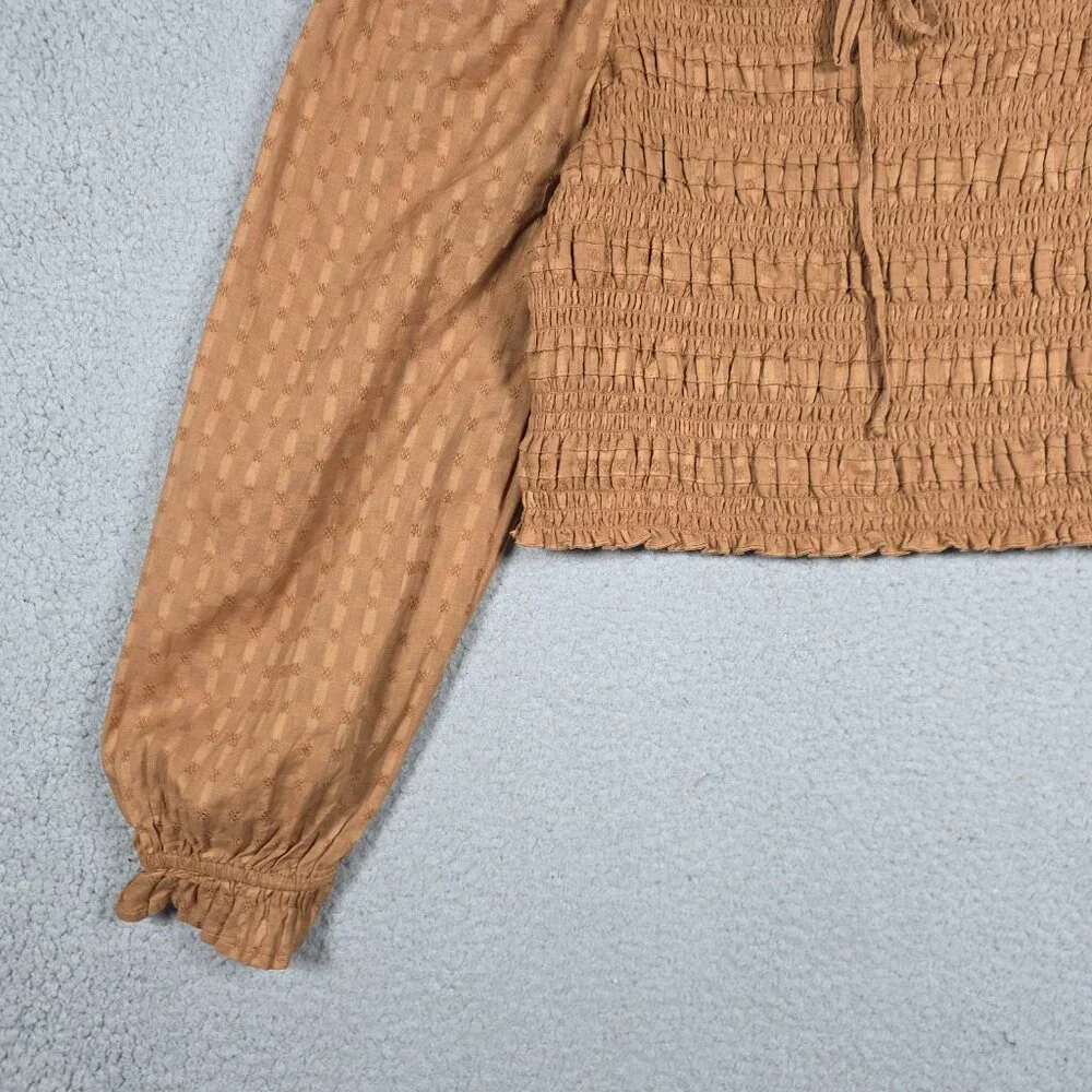 American Eagle Blouse Top Womens Medium Brown Smocked Cropped Peasant Picnic NWT